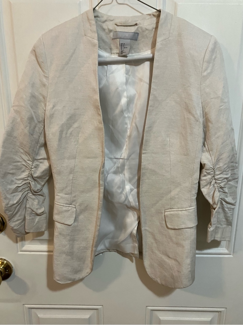 H&M Cream Linen Blend Ruched 3/4 Sleeve Blazer - Size 2